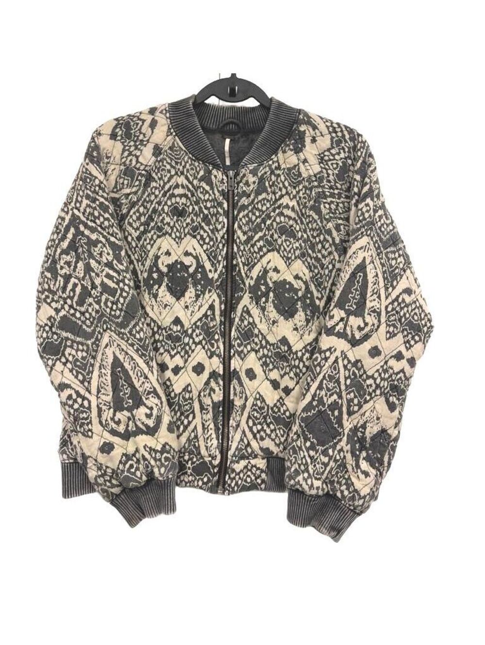 Free People Fair Isle Oversized Bomber Jacket Size S Black Cream Boho Knit